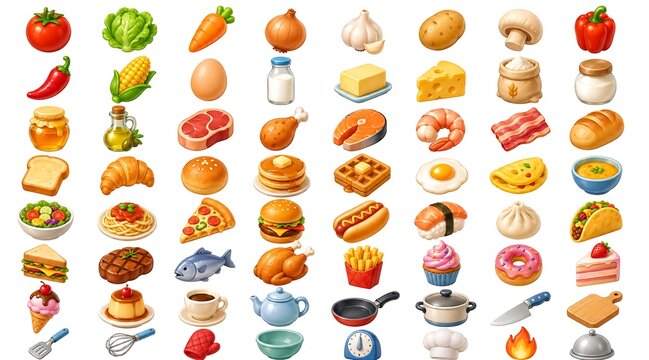 Ingredient and food icons for a flamb&eacute;-style cooking game: matching game icons, white background. Items include: various vegetables and fruits, bread, eggs, milk, butter, cheese, salmon, shrimp etc.