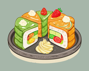 Unique sushi ring arrangement with fresh salmon slices and avocado pieces for creative party food presentation - Vector Illustration © powdesign