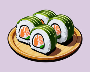 Fresh green maki sushi rolls with salmon and avocado filling topped with decorative herbs and wasabi - Vector Illustration © powdesign