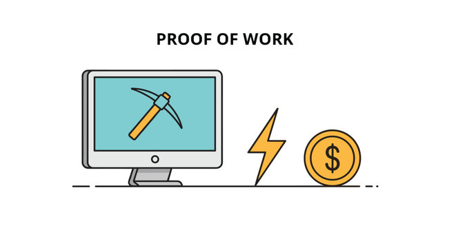 Flat minimalist illustration of proof of work concept crypto bitcoin