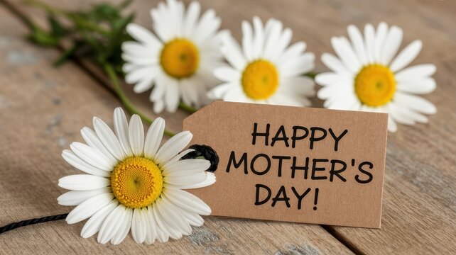 Happy Mother's Day message on cardboard tag with white daisies on rustic wooden background