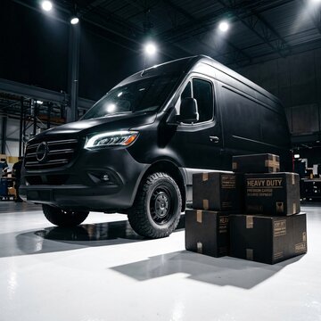 Sleek Black Mercedes-Benz Sprinter Van with Custom Wheels and Stacked Boxes in a Modern Warehouse Setting.