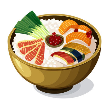 Colorful chirashi don bowl with assorted fish slices and salmon roe for authentic seafood lovers - Vector Illustration