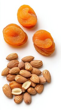 Close-up of dried apricots and almonds on white background healthy snack natural food alternative