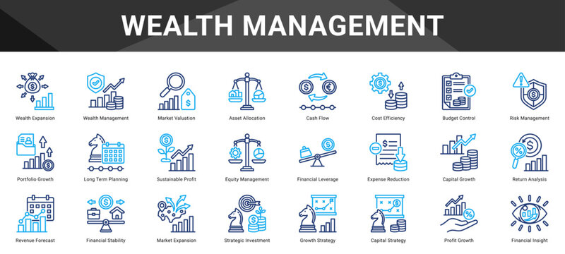 WEALTH MANAGEMENT  Icon set collection. Vector icon pack featuring thematic icons for your presentations or business.