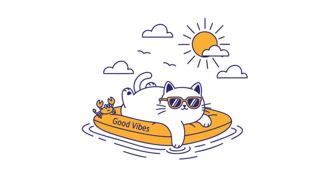 Fun, cartoon cat on inflatable raft, summer vacation, good vibes, sunny day