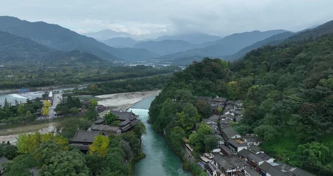 Aerial footage of landscape in dujiangyan, Sichuan province,China