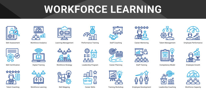 WORKFORCE LEARNING  Icon set collection. Vector icon pack featuring thematic icons for your presentations or business.