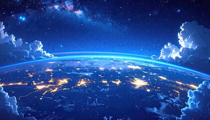 Fototapeta premium Stunning nighttime view of earth from space showing city lights and stars