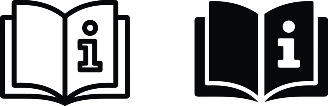 Instruction manual book icon set with information symbol featuring open textbook pages in line and silhouette glyph styles