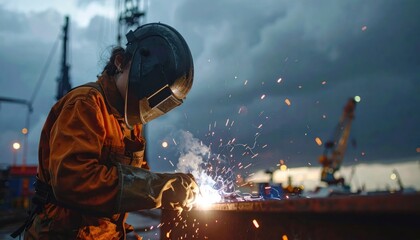 Fototapeta premium Skilled Welder in Protective Gear Sparks Flying During Industrial Work at Dusk.