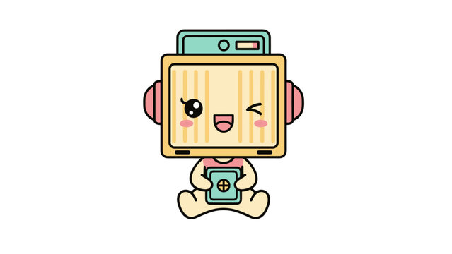 Kawaii retro robot character vector, cute vintage television mascot with winking face, pastel colored electronic toy illustration for gaming and tech
