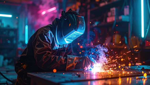 Skilled Welder in Protective Gear Performing Arc Welding in a Dimly Lit Workshop.