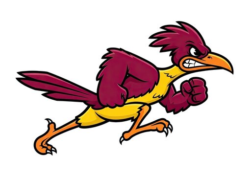 Angry maroon and yellow roadrunner bird sports mascot running