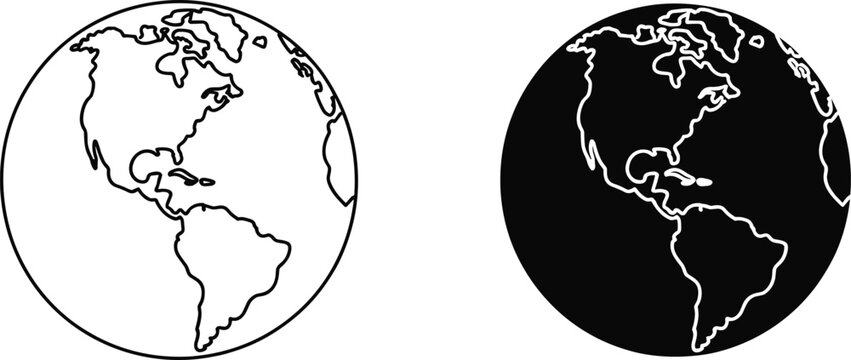 World globe earth icon set featuring planet map of North and South America in outline and solid silhouette styles