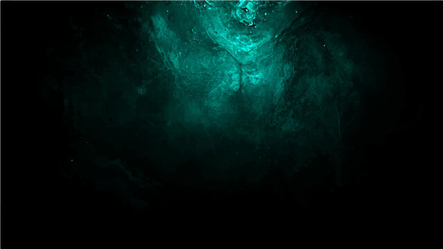 Vector Mysterious abstract design in shades of turquoise, evocative depth and ethereal atmosphere with wisps of luminescence dancing contrast solid black backdrop.