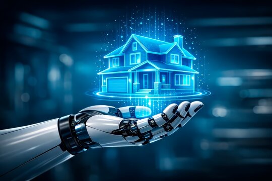 holograma de casa azul en una mano robot 