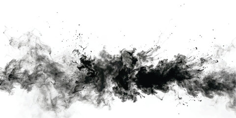 Obraz premium Black ink cloud spreading horizontally in water with swirling smoke patterns and tiny droplets against a solid white background
