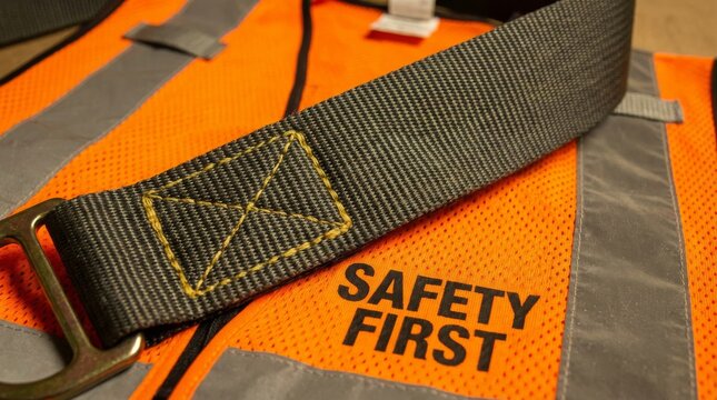 Close-up of a safety harness and a high-visibility vest with SAFETY FIRST text, emphasizing workplace safety.
