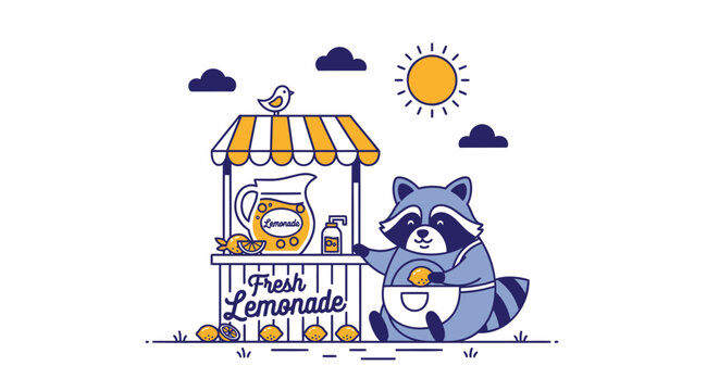 Raccoon, cartoon mascot, holding lemonade, stand, sunny day, colorful illustration, vector graphic