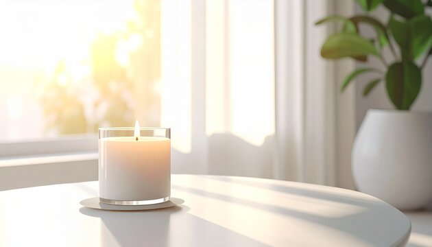 白色基調の明るい部屋の窓辺に置かれたアロマキャンドル