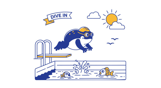 Summer fun, swimming pool, diving kids, cartoon illustration, blue and yellow