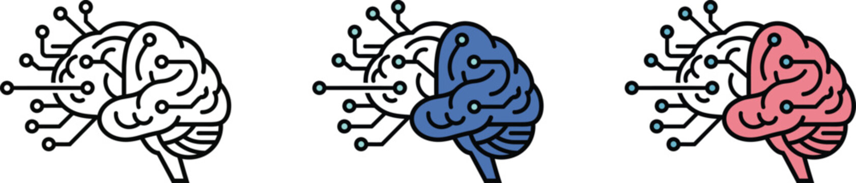 Human brain illustration three views highlighting different regions with color coding
