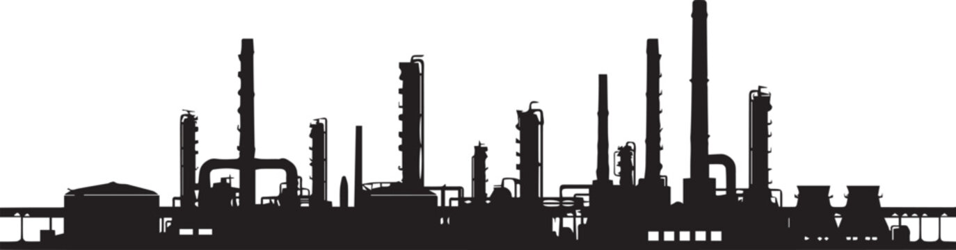 Industrial petrochemical refinery skyline silhouette, oil and gas factory vector illustration, energy production infrastructure, manufacturing plant 