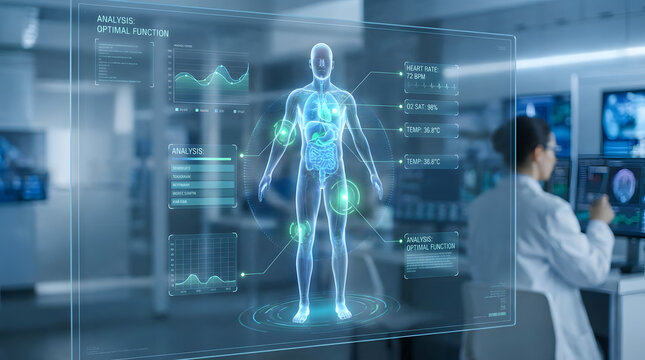 Medical scientist analyzing intricate health data from a glowing virtual human body display, driving advanced diagnostics and innovative research in a cutting-edge laboratory environment
