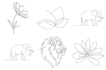 Fototapeta premium Minimalist single line art of flora and fauna: cosmos flower, lotus, elephant, and majestic lion profile.