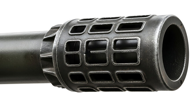 Isolated firearm muzzle device showcasing intricate ventilation slots on a white background