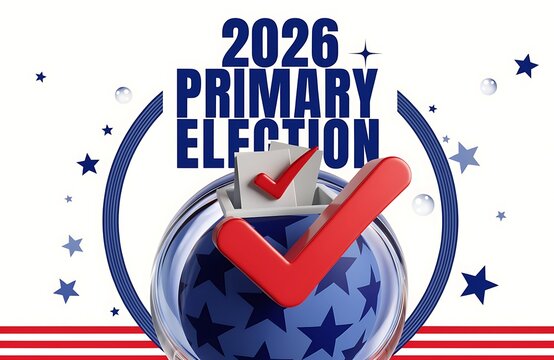 2026 Primary Election Voting Concept With Ballot Box, Red Checkmark and Patriotic Stars