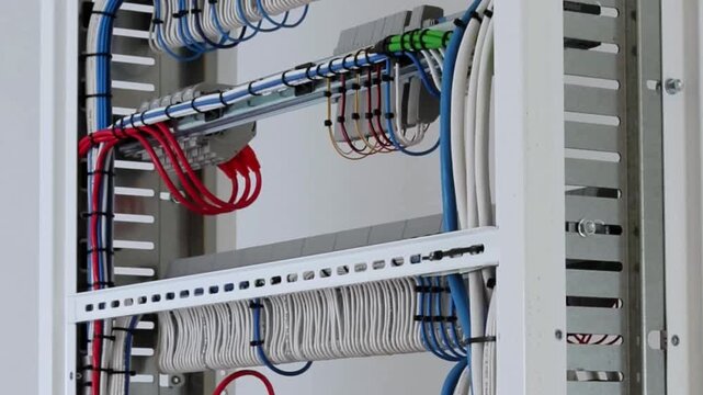 Connection of modules in an electrical switchboard using insulated copper wires tied with nylon ties.