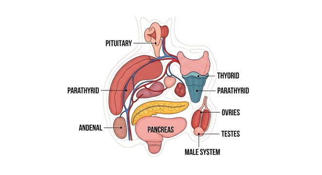 Diagram illustrating the human endocrine system, detailing key glands like the pituitary, thyroid, parathyroid, adrenal, pancreas, testes, and ovaries
