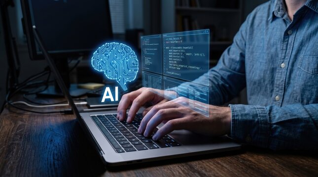 Man typing on laptop with AI brain hologram and code artificial intelligence machine learning hologram technology computer programming innovation software development brainstorming learning