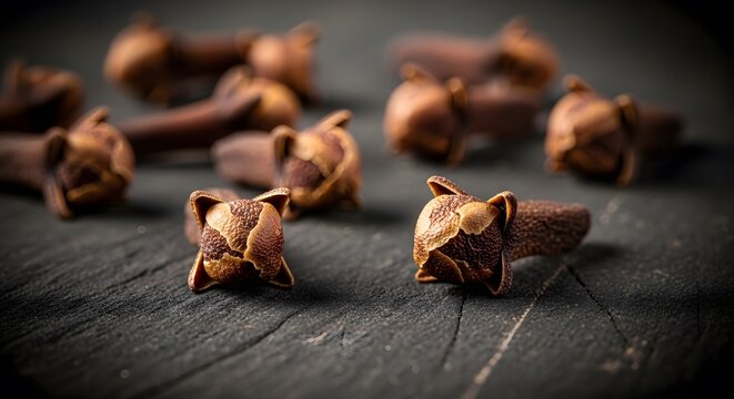 Dried cloves spice aromatic herb seasoning on dark rustic wooden background macro view top.