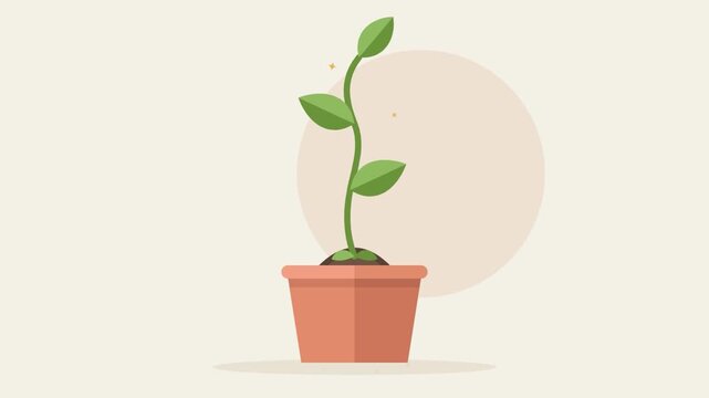 Flat Vector Animation of a Small Green Plant Sprout Growing in a Terracotta Pot Representing Development and Success