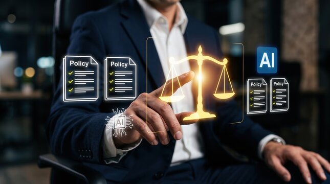Lawyer using AI for legal analysis and policy management with artificial intelligence legal tech legal system law firm legal advice technology document analysis interface information