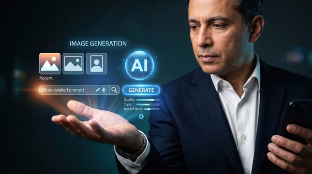 Man holding phone and displaying AI powered image generation interface with artificial intelligence digital art technology creativity software interface creation generation graphics hologram