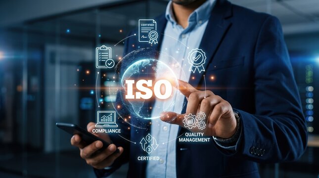 Businessman touching iso certification hologram for quality standards with certification mark certification standard business hologram technology assurance international organization approval