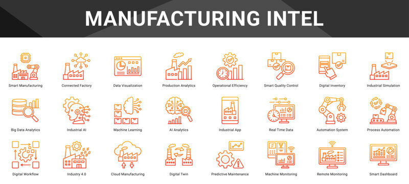 MANUFACTURING INTEL  Icon set collection. Vector icon pack featuring thematic icons for your presentations or business.