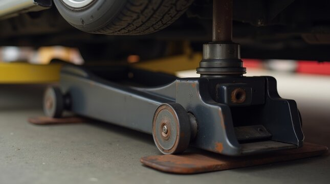 Close-up of a hydraulic floor jack lifting a car for maintenance.