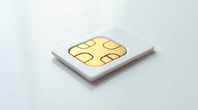 Close-up of a white SIM card with gold contacts on a light background.