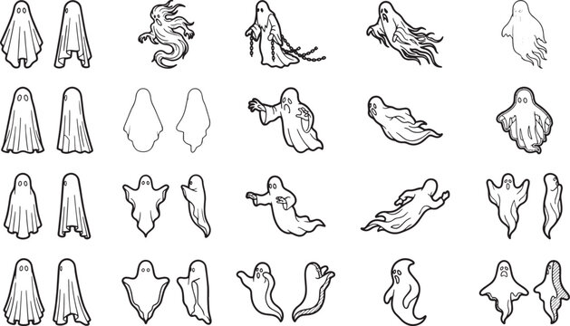 A collection of spectral figures floats through the air in a captivating display of Halloween-themed illustrations, each exuding an air of ethereal mystery. 
