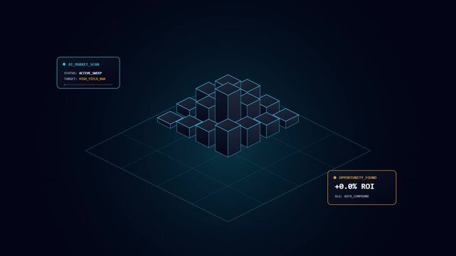 AI Market Analysis HUD Interface showing ROI Growth and Automated Trading Opportunity Scan with Isometric 3D Data Visualization