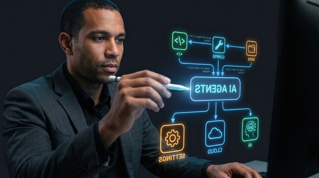 Man interacting with an AI flowchart on a digital screen artificial intelligence flowchart technology computer algorithm learning analysis automation software programming interacting