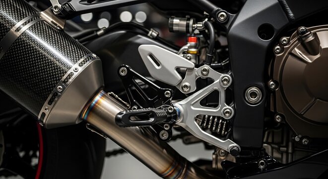 Close-up of a Motorcycles Rear Foot Peg and Exhaust System.