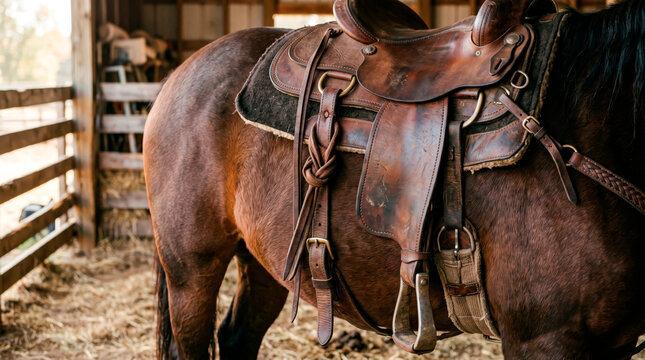 Sela e equipamento de montaria sobre cavalo em est&aacute;bulo r&uacute;stico