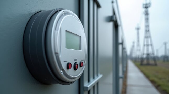 Close-up of a modern digital electricity meter on an outdoor utility box with communication towers in the background.