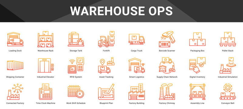 WAREHOUSE OPS  Icon set collection. Vector icon pack featuring thematic icons for your presentations or business.
